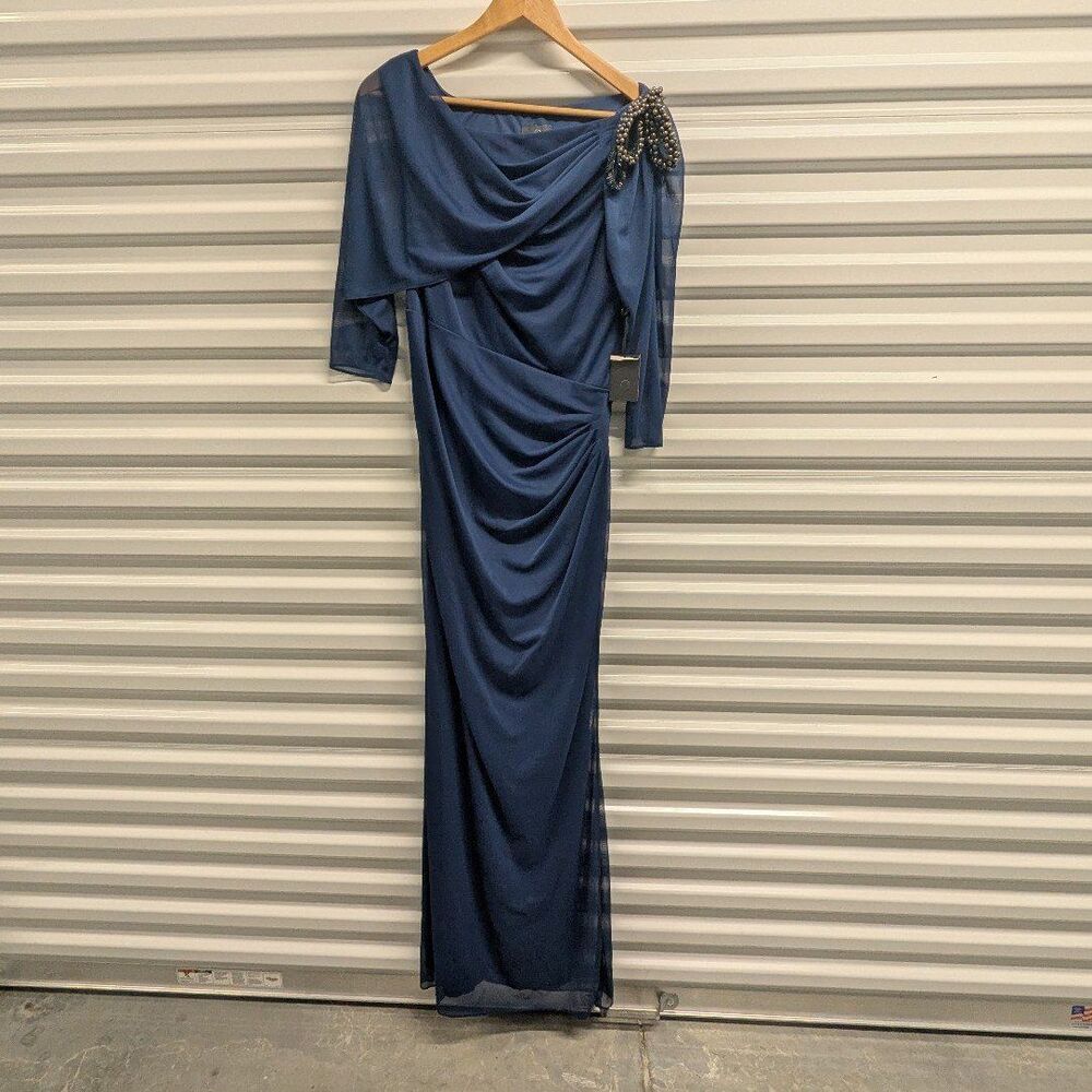 Adrianna Papell Size 12 Navy Blue Draped Full Length Dress with embellishments